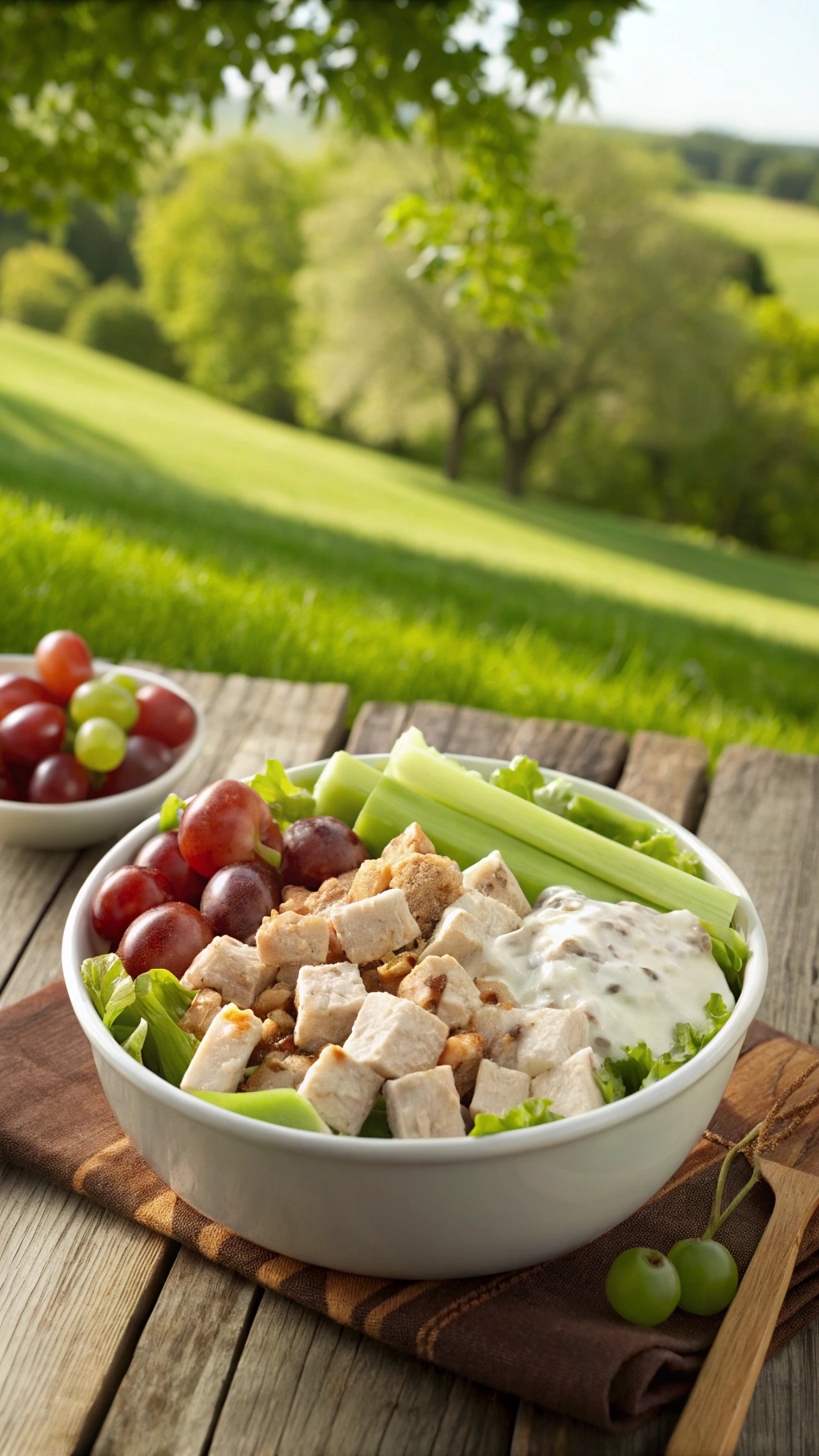 A bowl of creamy Greek yogurt chicken salad with grapes and celery, served outdoors.