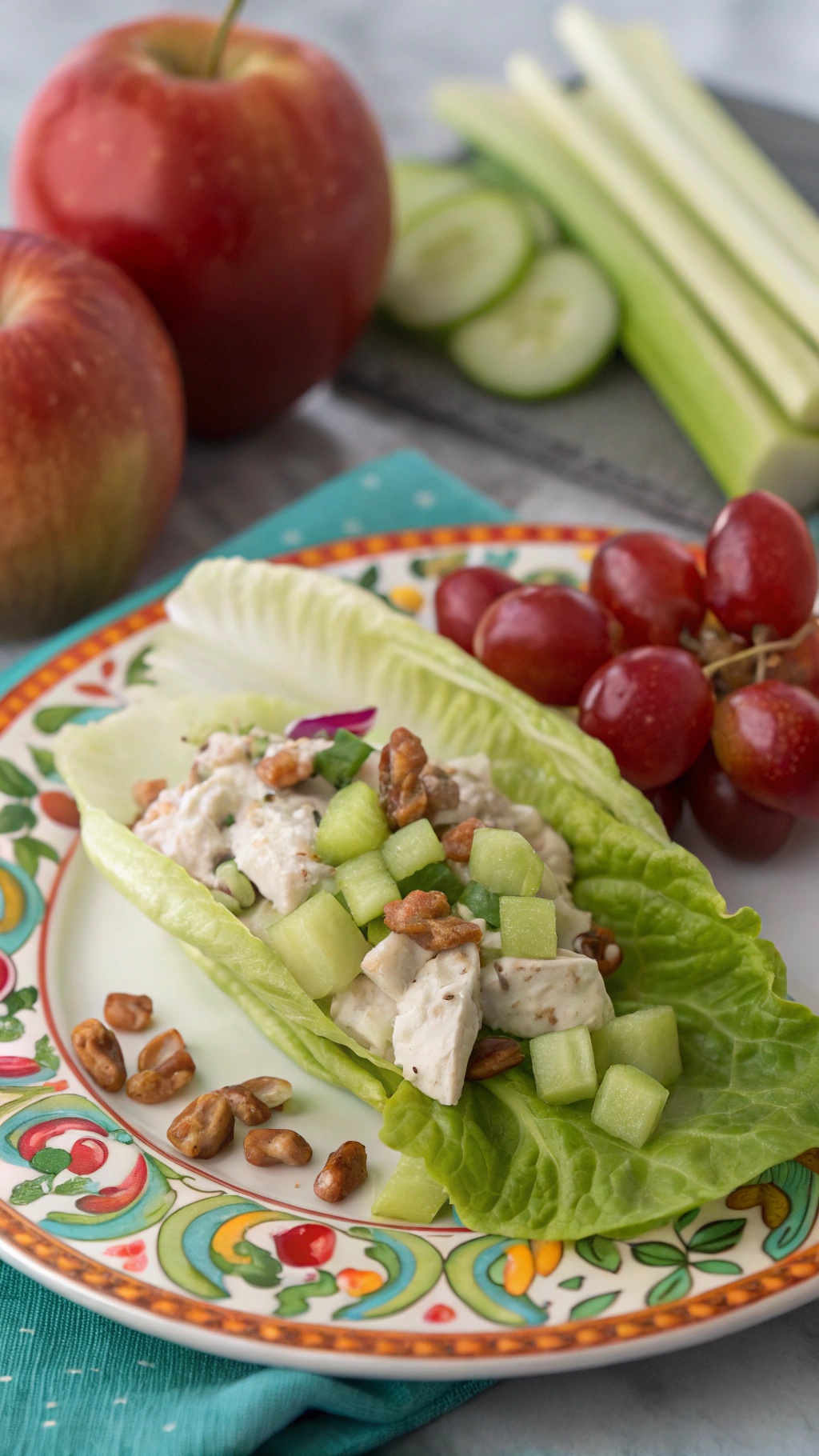 Creamy Greek yogurt chicken salad served in romaine lettuce with apples, celery, and grapes.