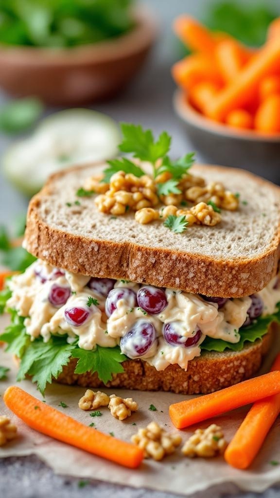 Creamy Greek Yogurt Chicken Sandwich with grapes and walnuts, served with carrot sticks