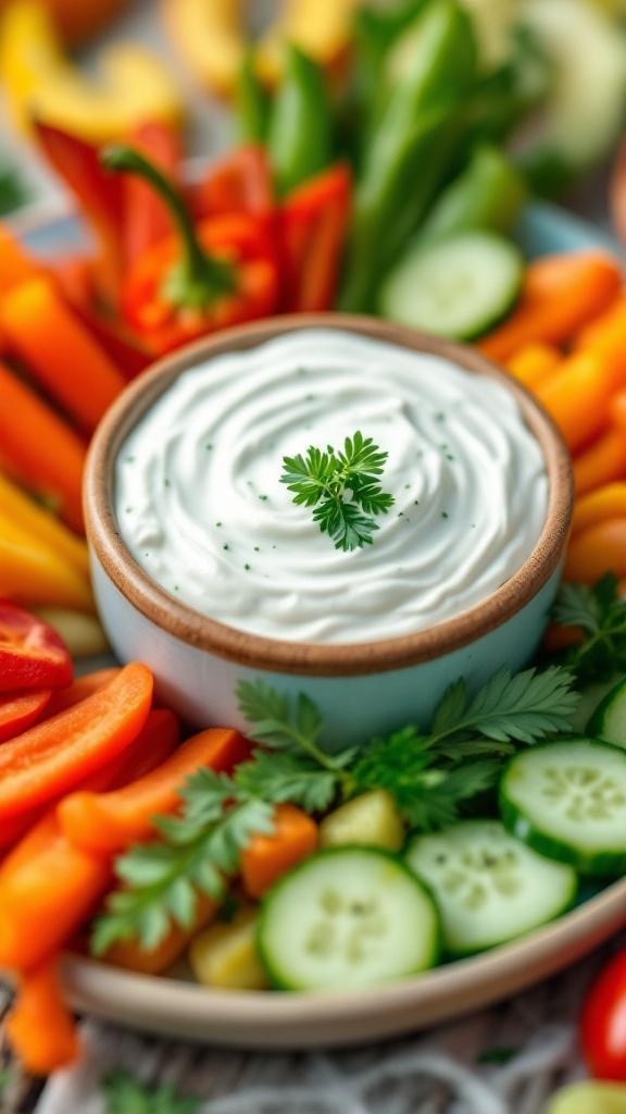A bowl of creamy Greek yogurt dip surrounded by colorful fresh vegetables.