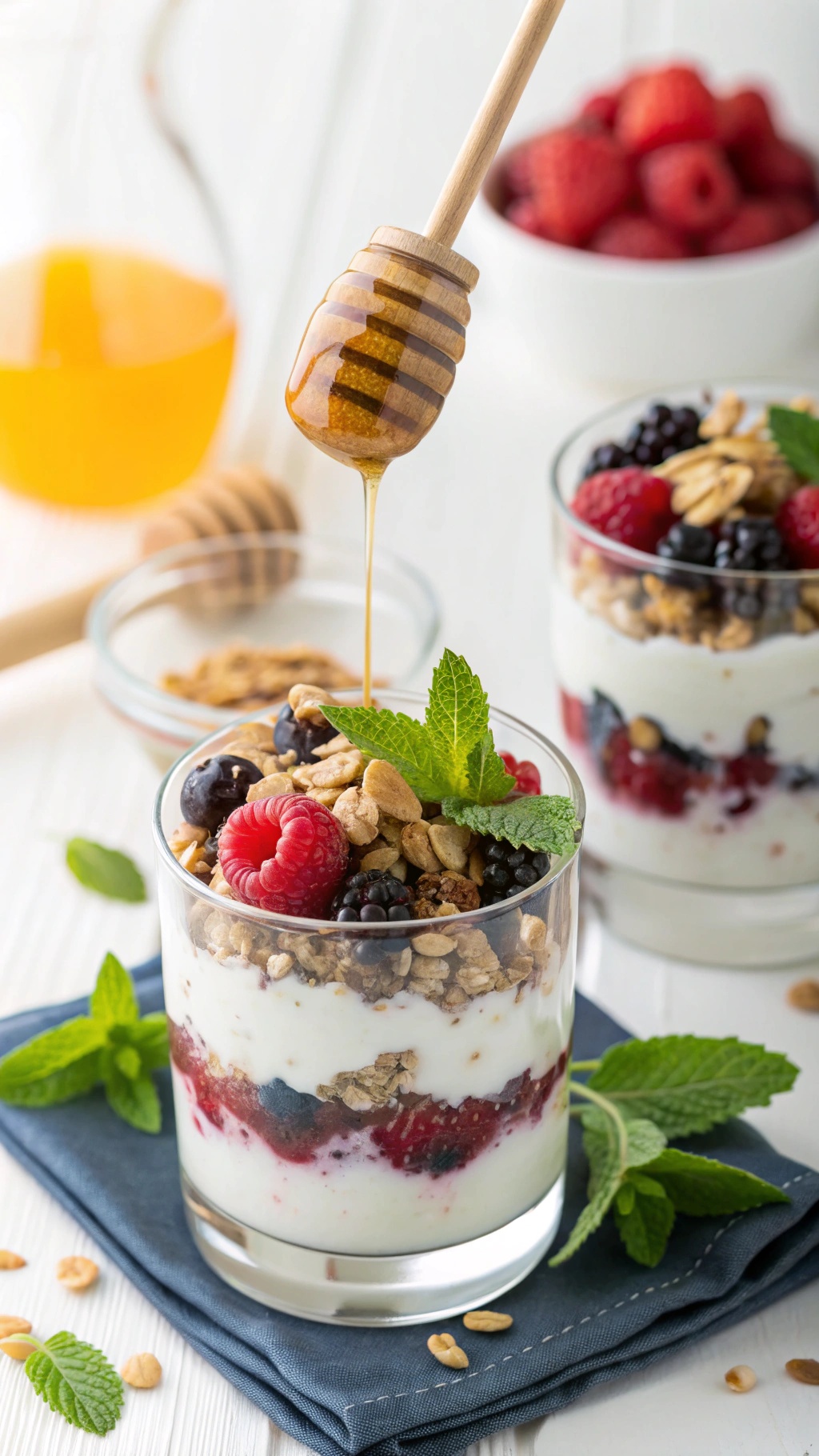 A creamy Greek yogurt parfait with layers of yogurt, berries, and granola, topped with honey and mint leaves.