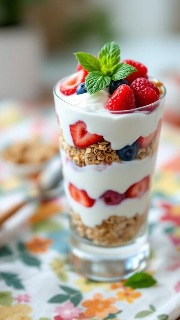 A delicious Greek yogurt parfait with layers of yogurt, granola, and fresh berries, topped with mint leaves.
