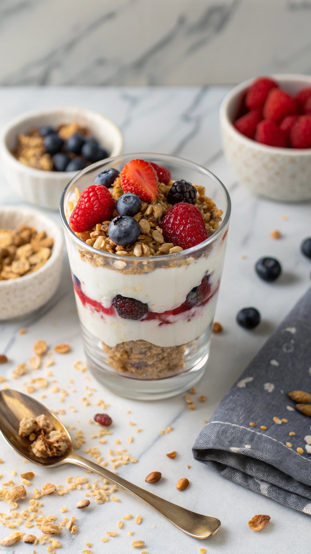 A glass of creamy Greek yogurt parfait layered with berries and granola, surrounded by bowls of berries and a spoon.