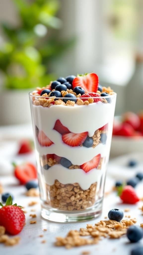 A glass of creamy Greek yogurt parfait layered with strawberries, blueberries, and granola.