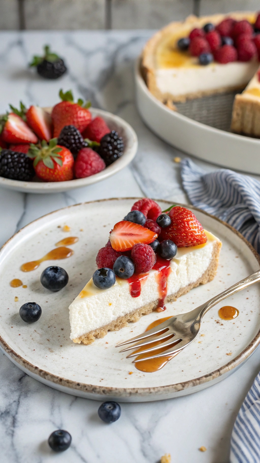 A slice of creamy Greek yogurt protein cheesecake topped with fresh berries on a plate, with more berries in a bowl in the background.