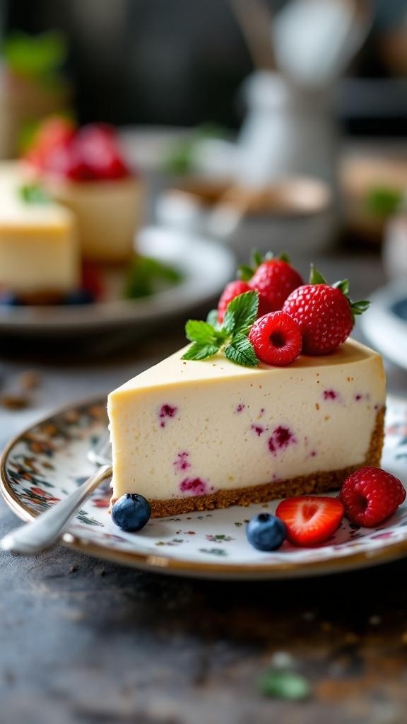 A slice of creamy keto cheesecake topped with fresh berries and mint on a decorative plate.