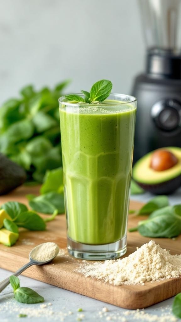 A creamy green protein smoothie in a glass, surrounded by fresh ingredients like spinach and avocado.