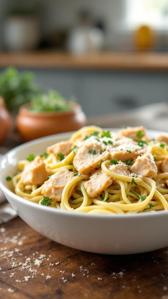 A bowl of creamy chicken Alfredo with rotisserie chicken and zucchini noodles, garnished with parsley.