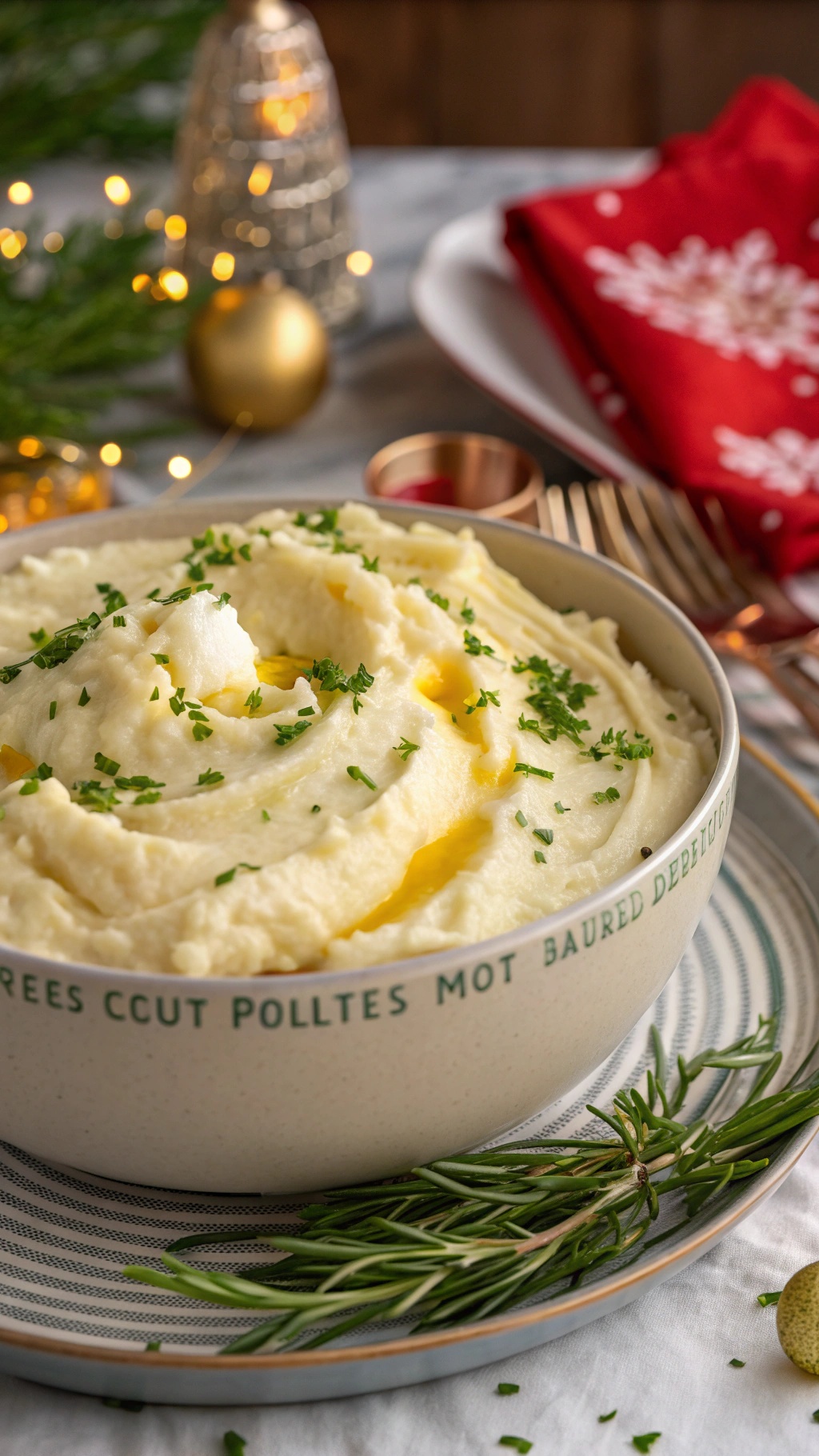 A bowl of creamy mashed potatoes topped with herbs and butter, set on a festive table.