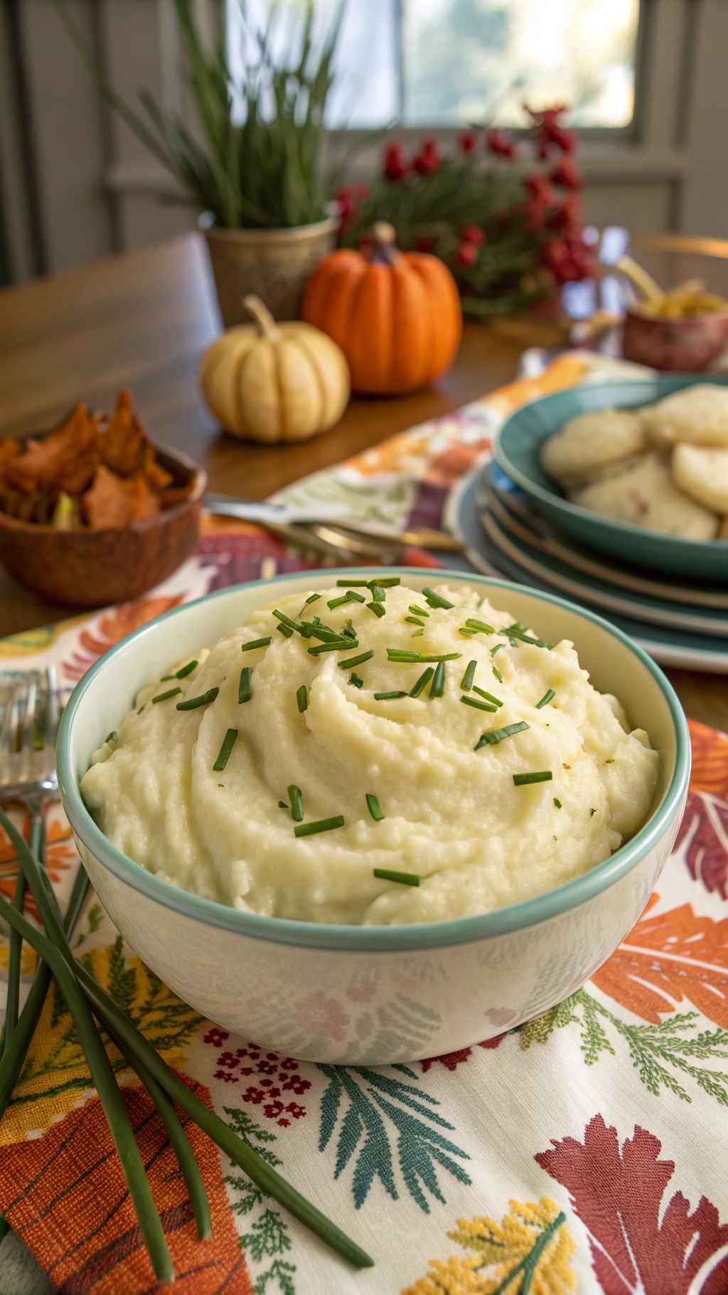 A bowl of creamy mashed potatoes topped with chives, surrounded by autumn decorations.