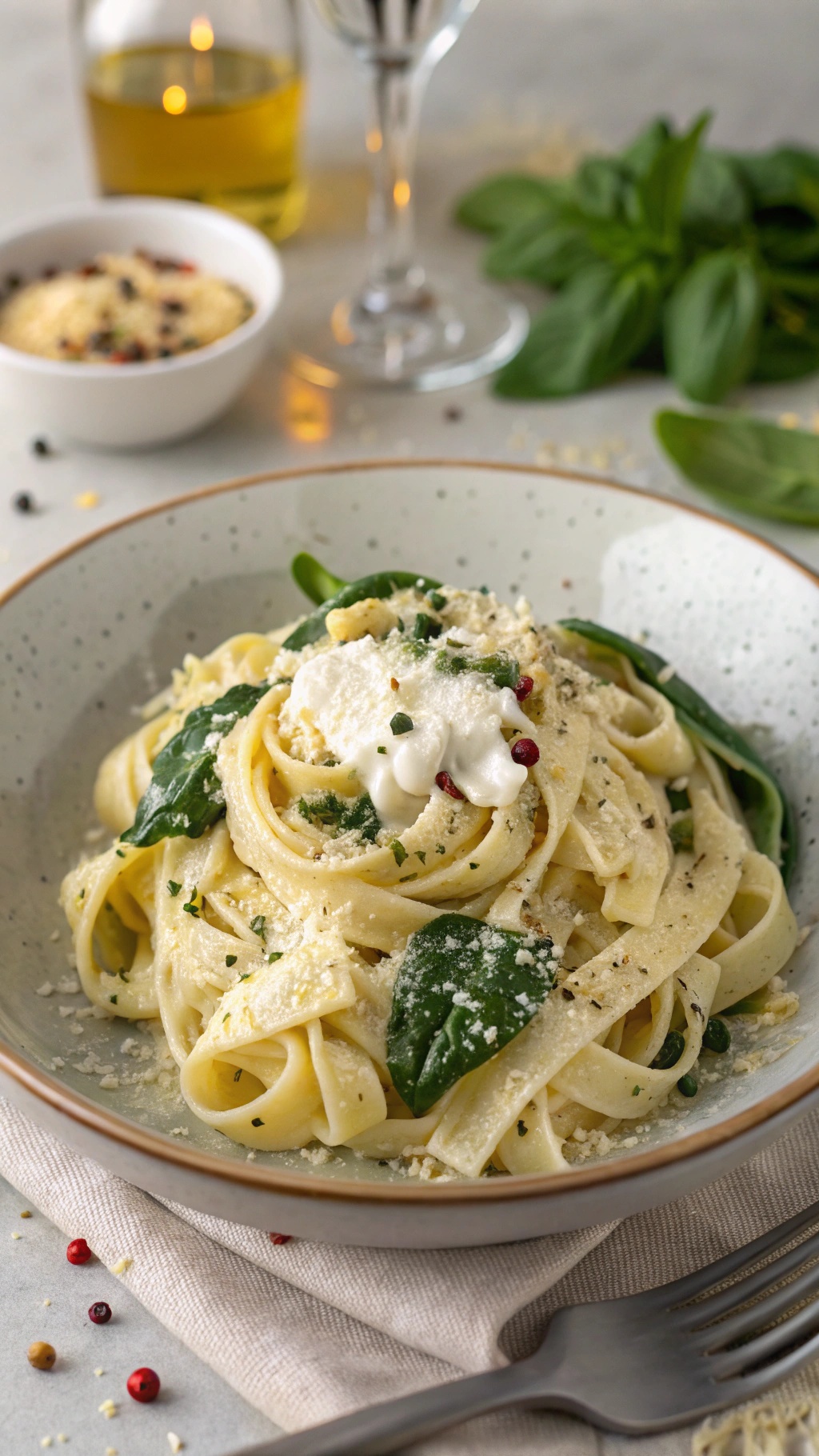 A bowl of creamy Mediterranean pasta with spinach and ricotta, garnished with cheese and spices.