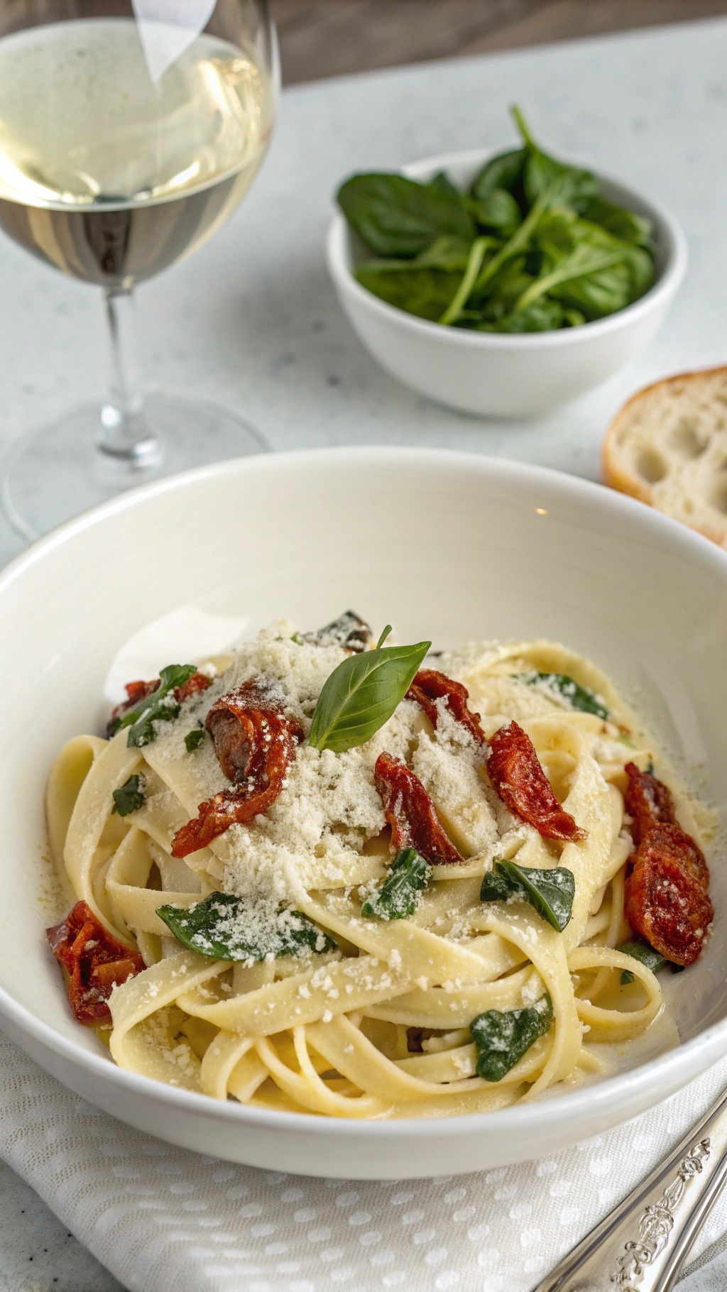Creamy Mediterranean pasta with sun-dried tomatoes, spinach, and Parmesan cheese, served in a bowl with a glass of white wine.