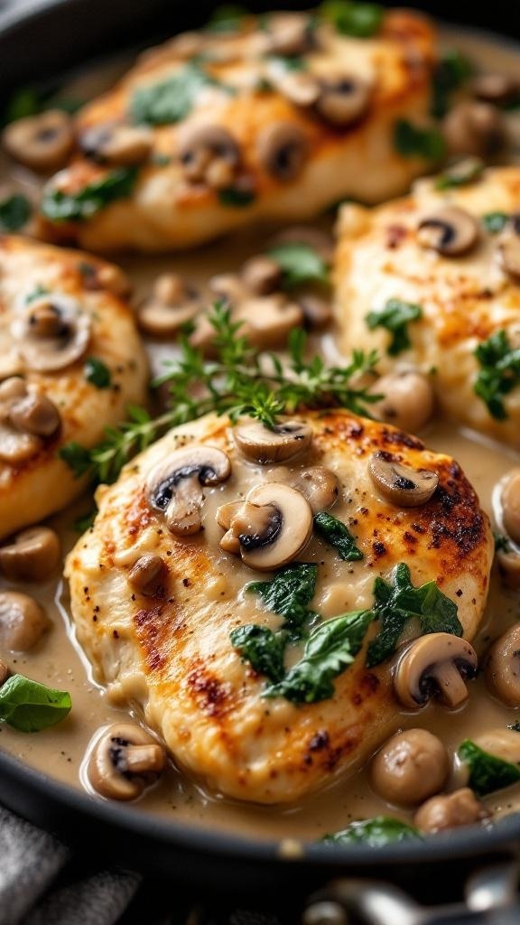 Creamy mushroom and spinach chicken in a skillet