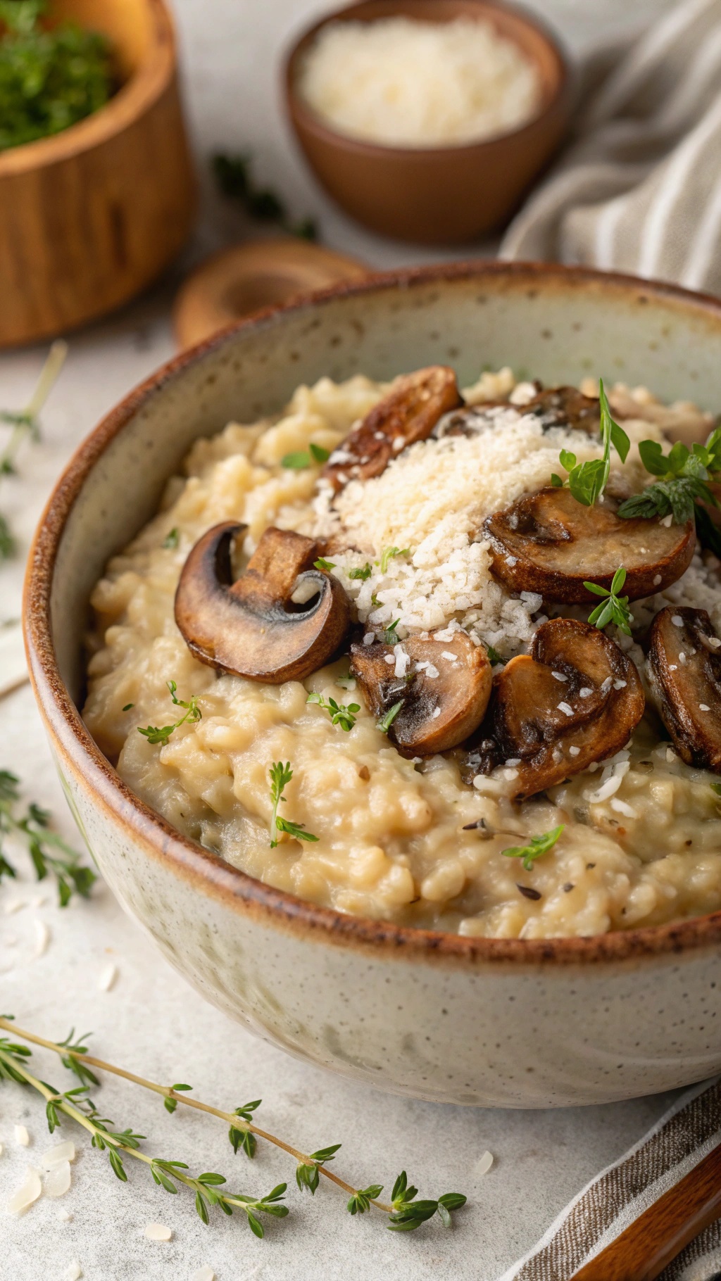 A bowl of creamy mushroom risotto topped with sautéed mushrooms and herbs.
