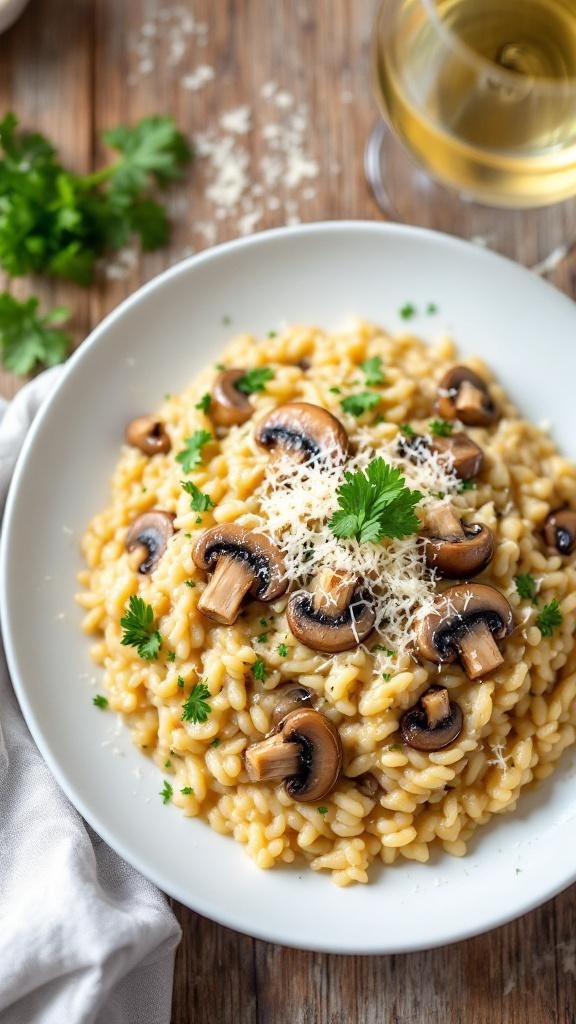 A comforting bowl of creamy mushroom risotto topped with parsley and cheese