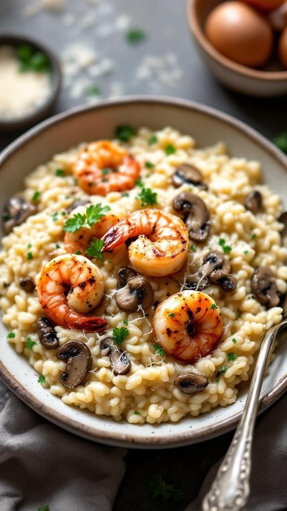 A bowl of creamy mushroom risotto topped with grilled shrimp, garnished with parsley.