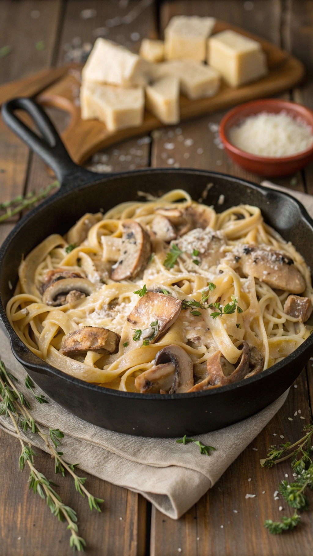 Creamy one-pot chicken and mushroom pasta in a cast iron skillet