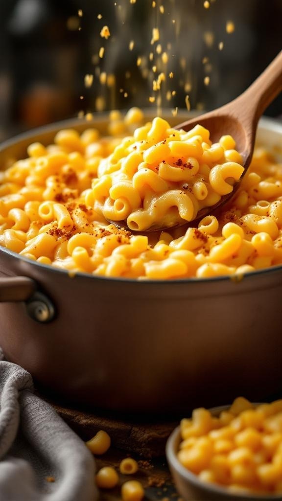 A pot of creamy macaroni and cheese with a wooden spoon, showcasing its cheesy texture.