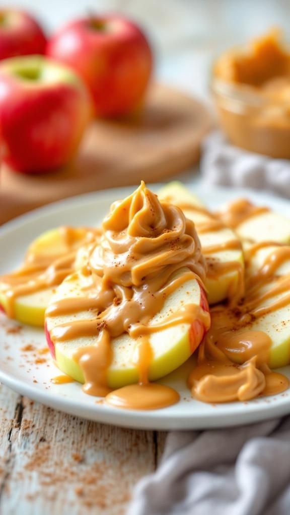 Apple slices topped with creamy peanut butter and sprinkled with cinnamon