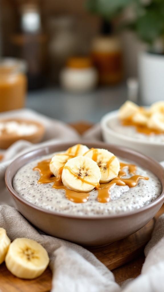 A bowl of creamy peanut butter banana chia pudding topped with banana slices and peanut butter drizzle.