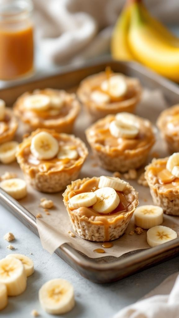 Creamy Peanut Butter Banana Oatmeal Cups on a baking tray with banana slices