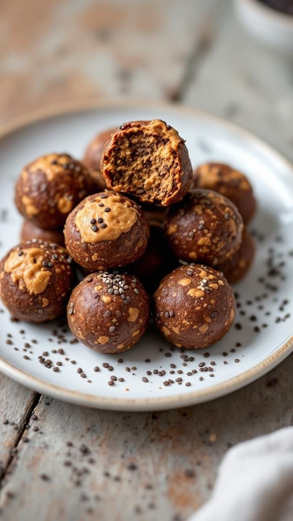 A plate of creamy peanut butter chocolate energy balls, some with a bite taken out, sprinkled with chia seeds.