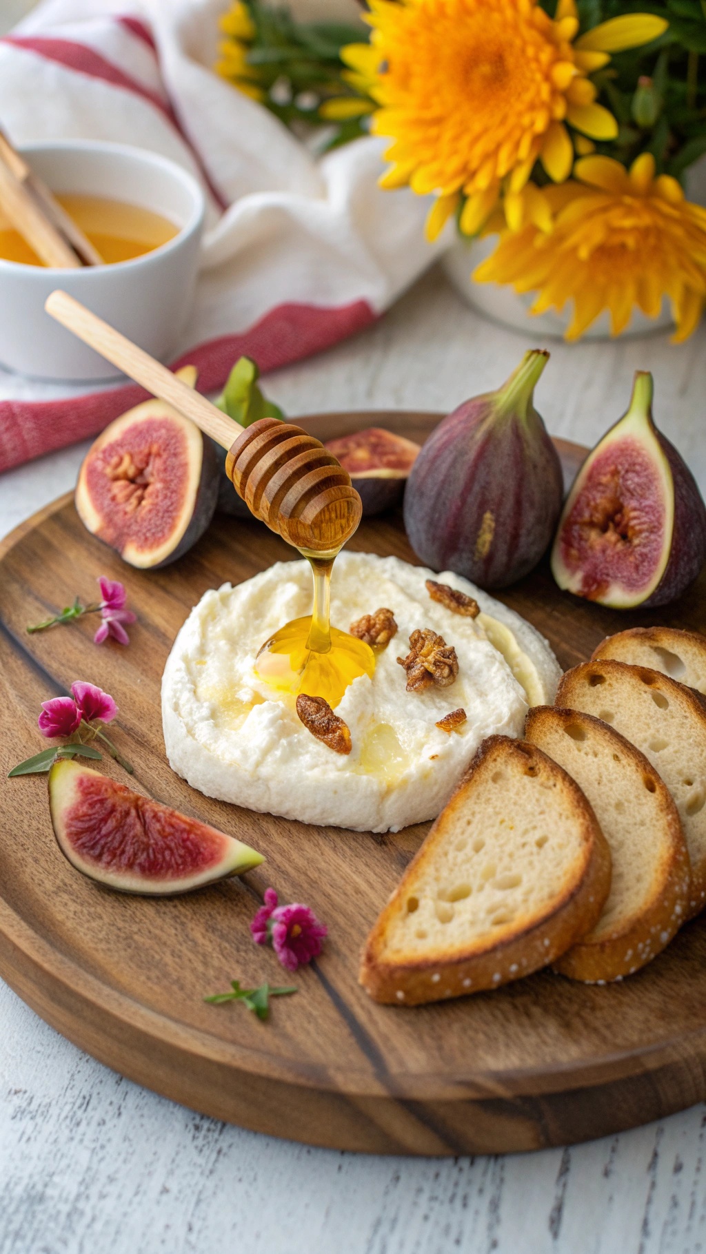 A wooden cheese board featuring creamy ricotta topped with honey, fresh figs, nuts, and crispy bread.