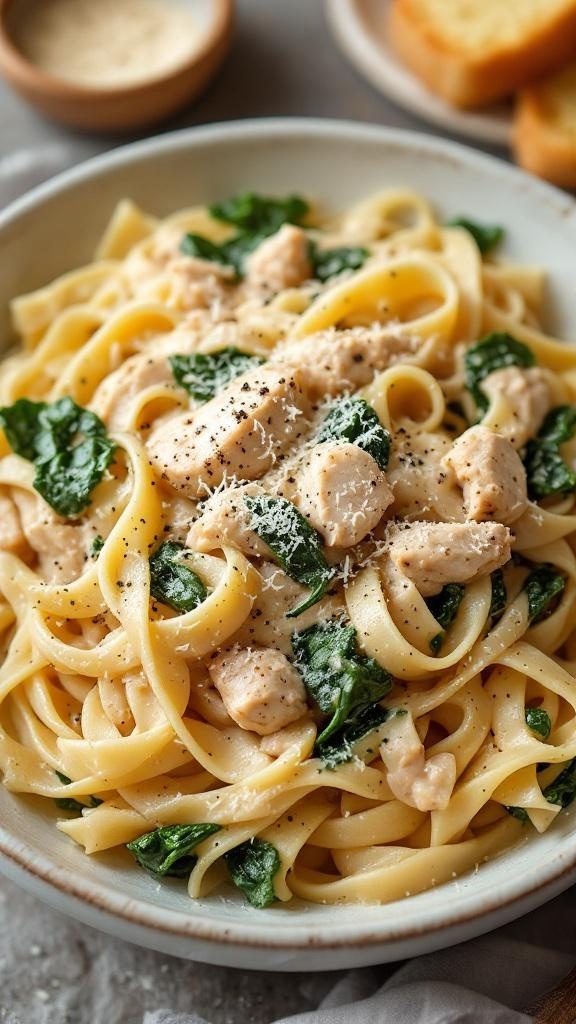 A bowl of creamy rotisserie chicken and spinach pasta topped with Parmesan cheese.