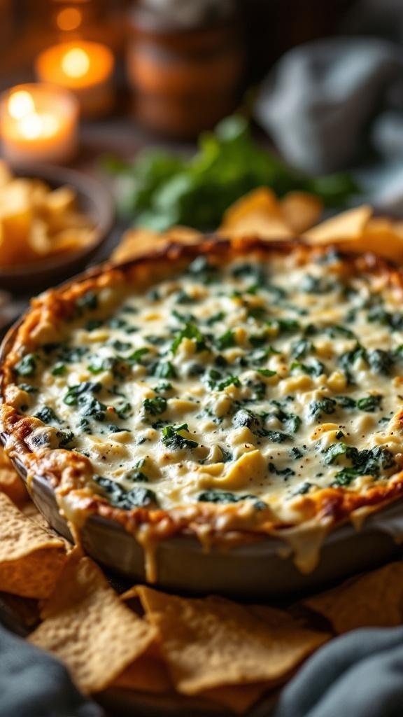 A warm dish of creamy spinach and artichoke dip surrounded by tortilla chips, with candles in the background.