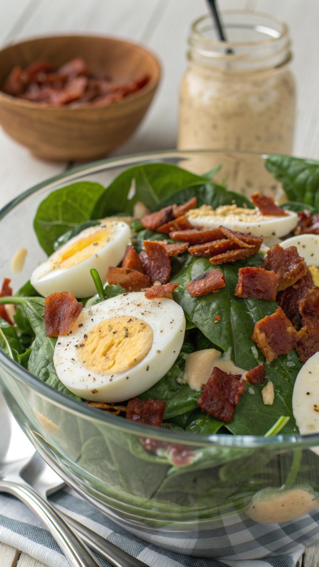 A bowl of creamy spinach and bacon salad with sliced hard-boiled eggs and a jar of dressing in the background.