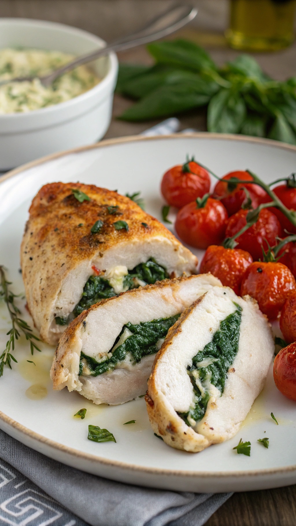 Creamy Spinach and Feta Stuffed Chicken Breasts with roasted tomatoes