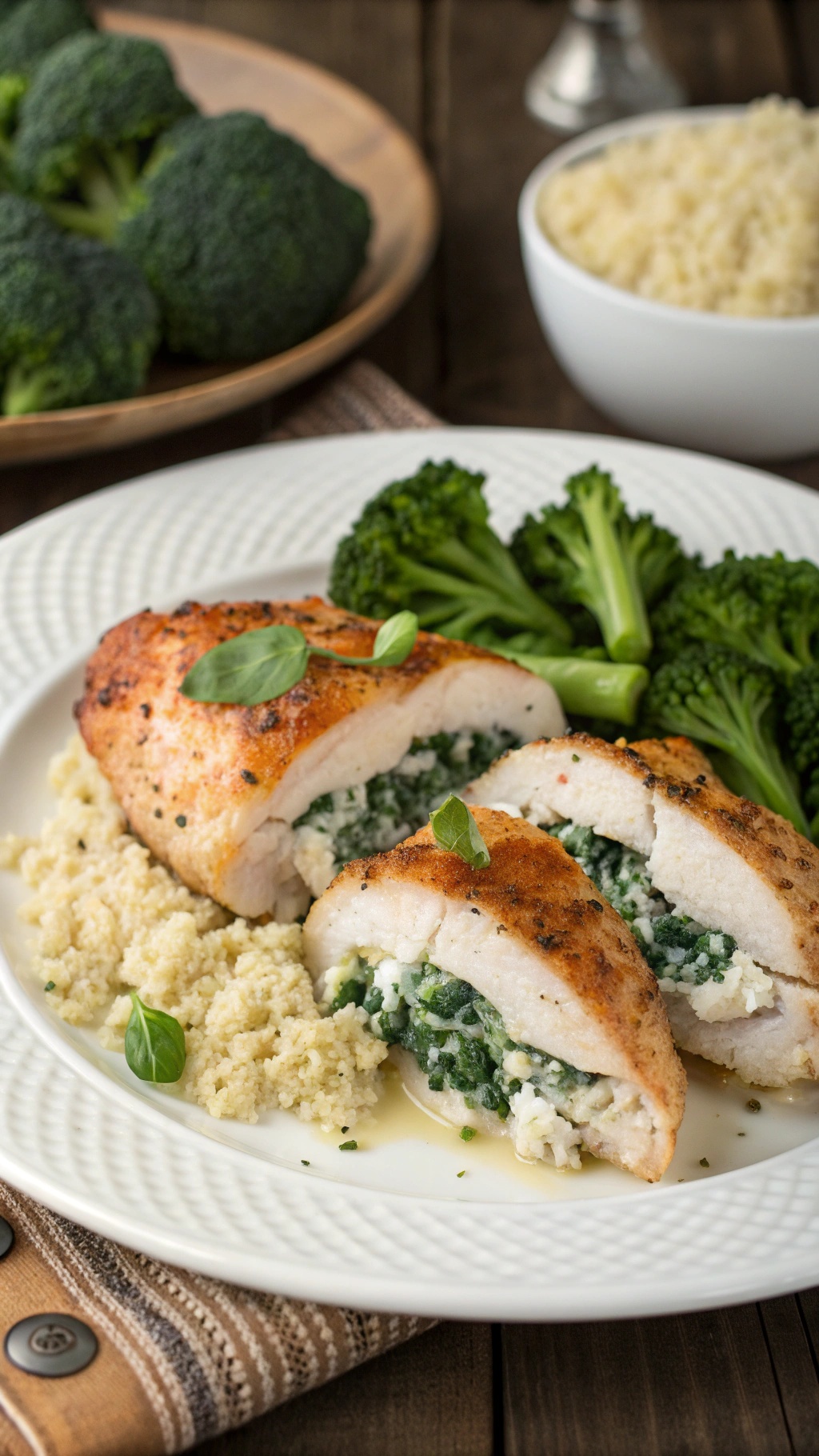 Creamy spinach and feta stuffed chicken breasts served with couscous and broccoli.