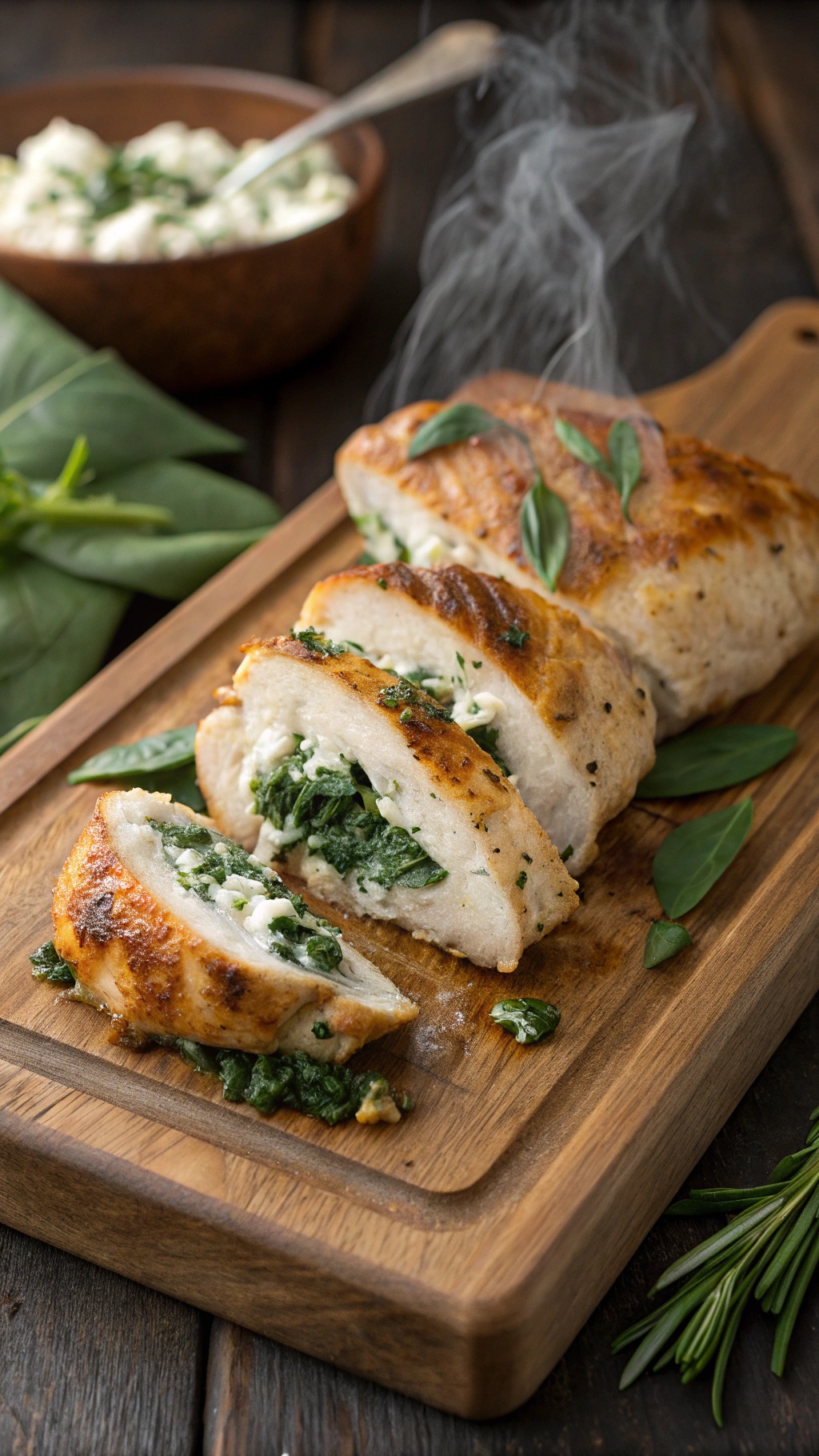 Creamy spinach and feta stuffed chicken breasts sliced on a wooden board