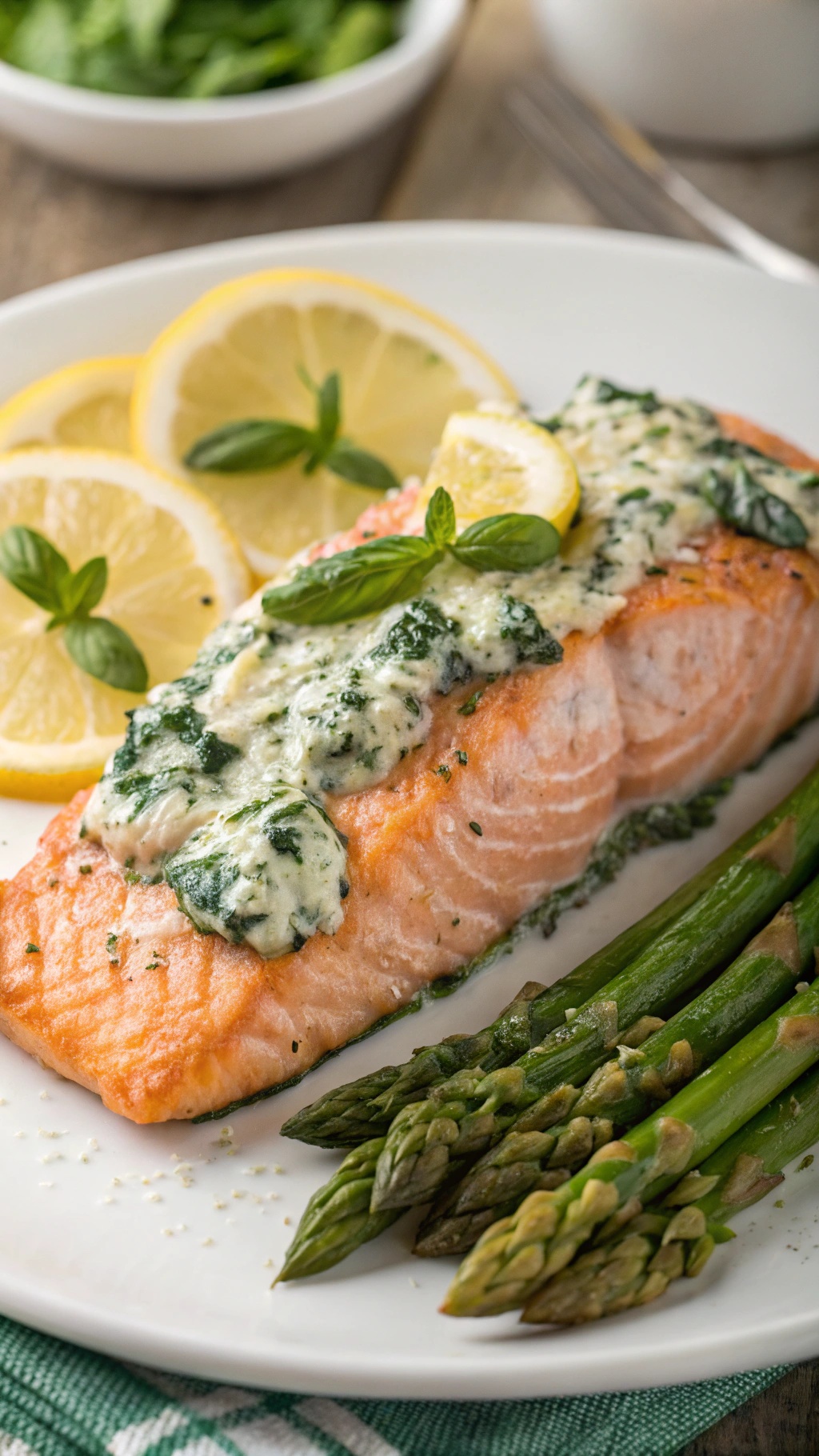Creamy Spinach and Feta Stuffed Salmon with asparagus and lemon slices