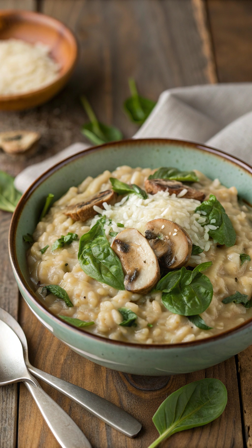 A bowl of creamy spinach and mushroom risotto topped with spinach and mushrooms, served with a side of grated cheese.