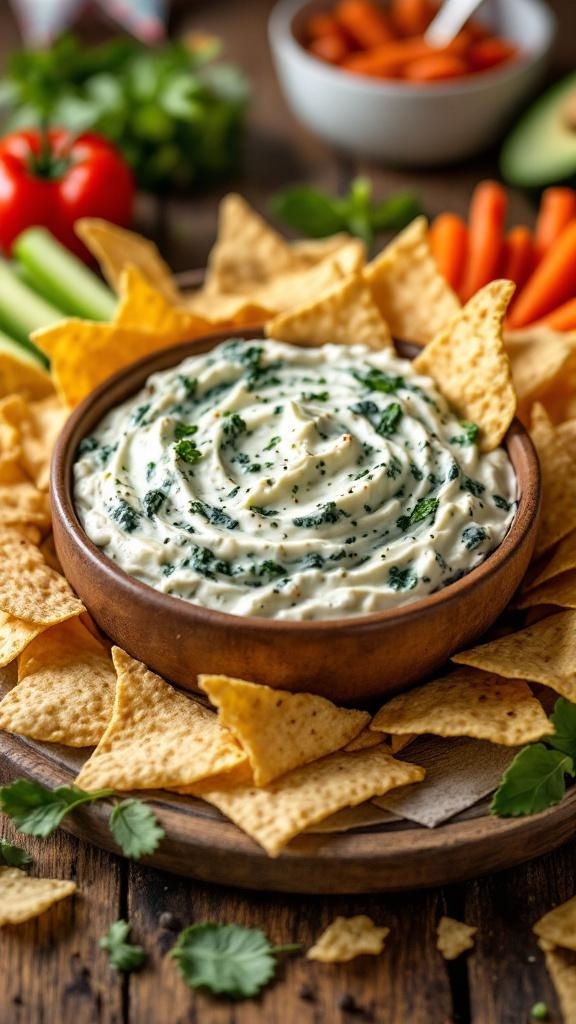A bowl of creamy spinach dip surrounded by tortilla chips and fresh vegetables.