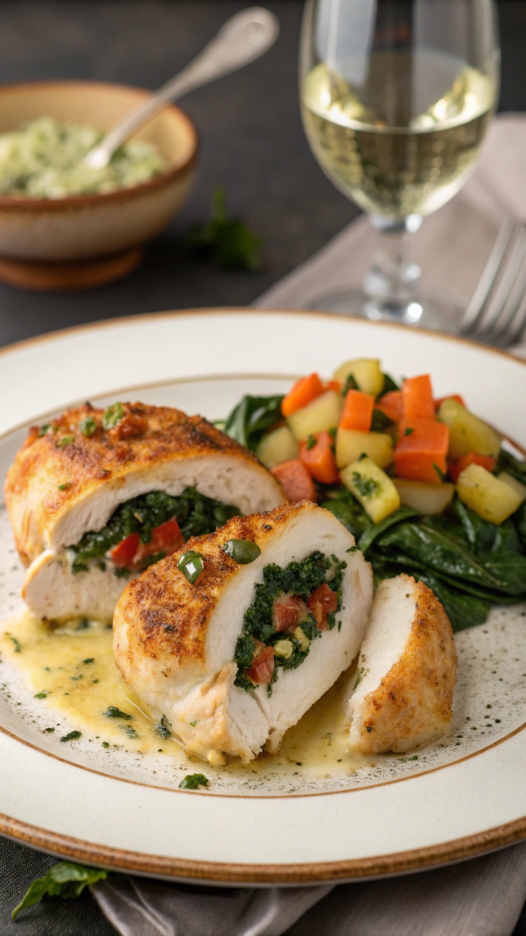 Creamy spinach stuffed chicken breasts served with a side of vegetables and a glass of white wine.