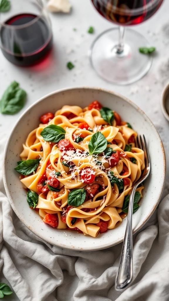 A bowl of creamy tomato and spinach pasta garnished with fresh basil, served with red wine.