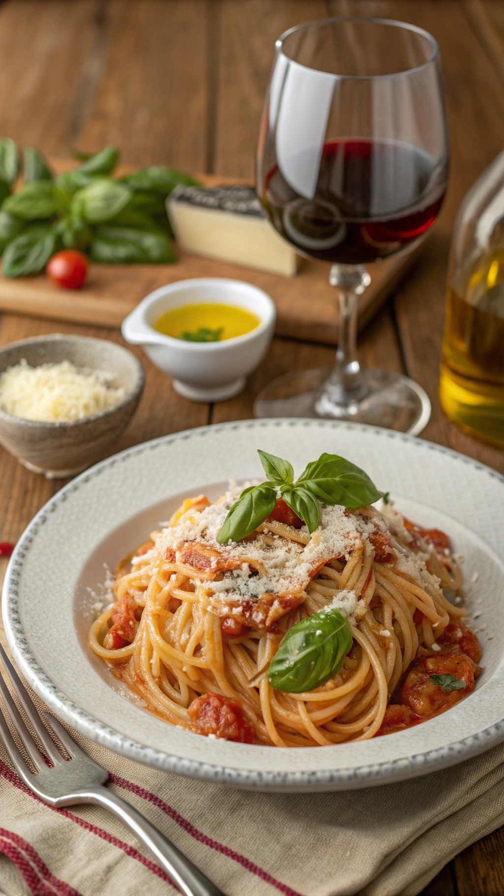 Creamy tomato basil pasta served with a glass of red wine and fresh ingredients.