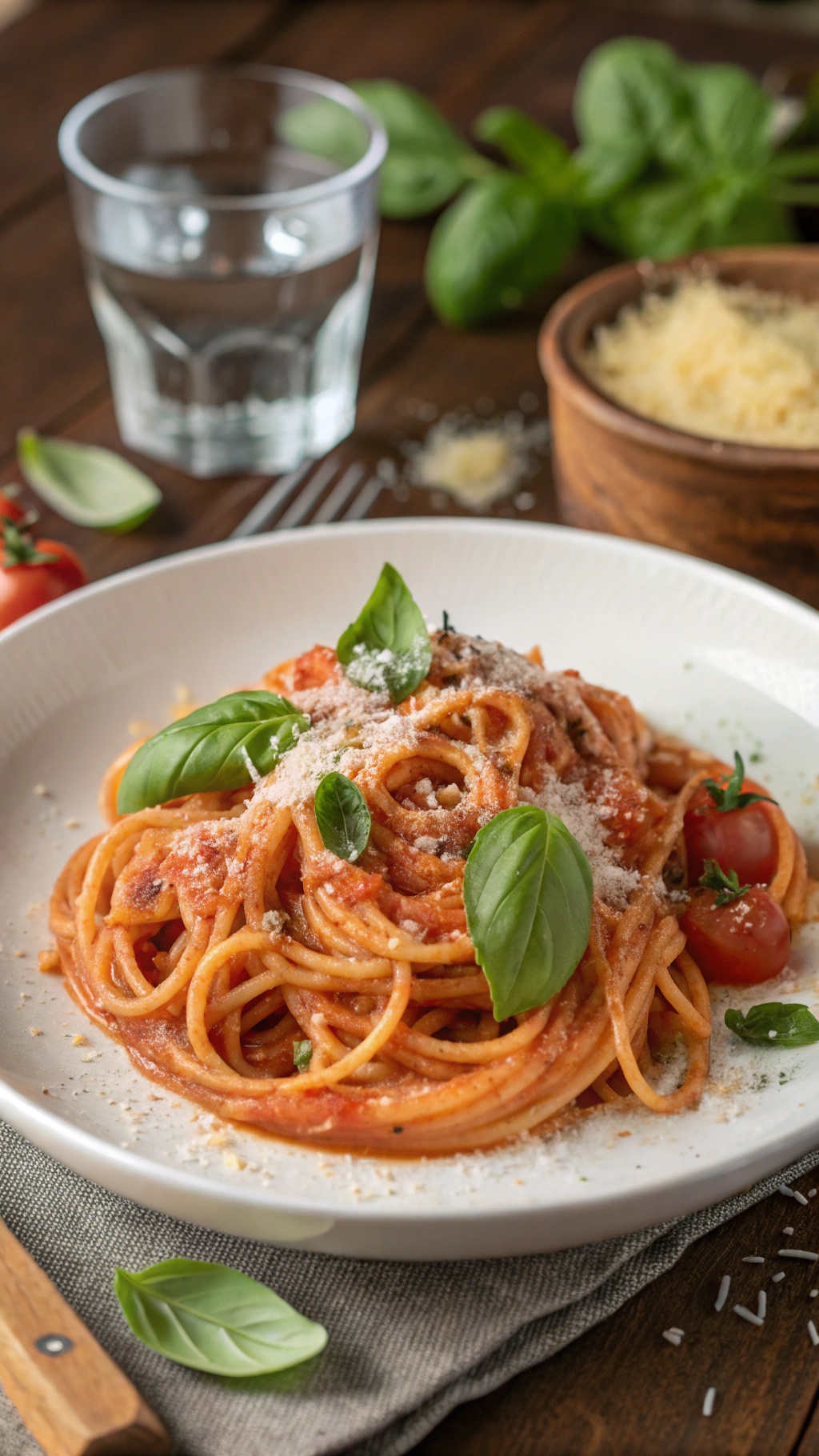 A plate of creamy tomato basil pasta garnished with fresh basil and cherry tomatoes.