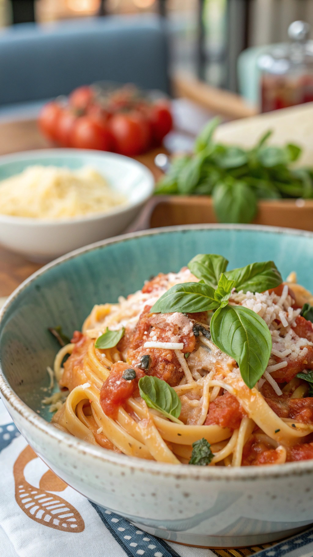 A bowl of creamy tomato basil pasta garnished with fresh basil and cheese, with tomatoes and basil in the background.