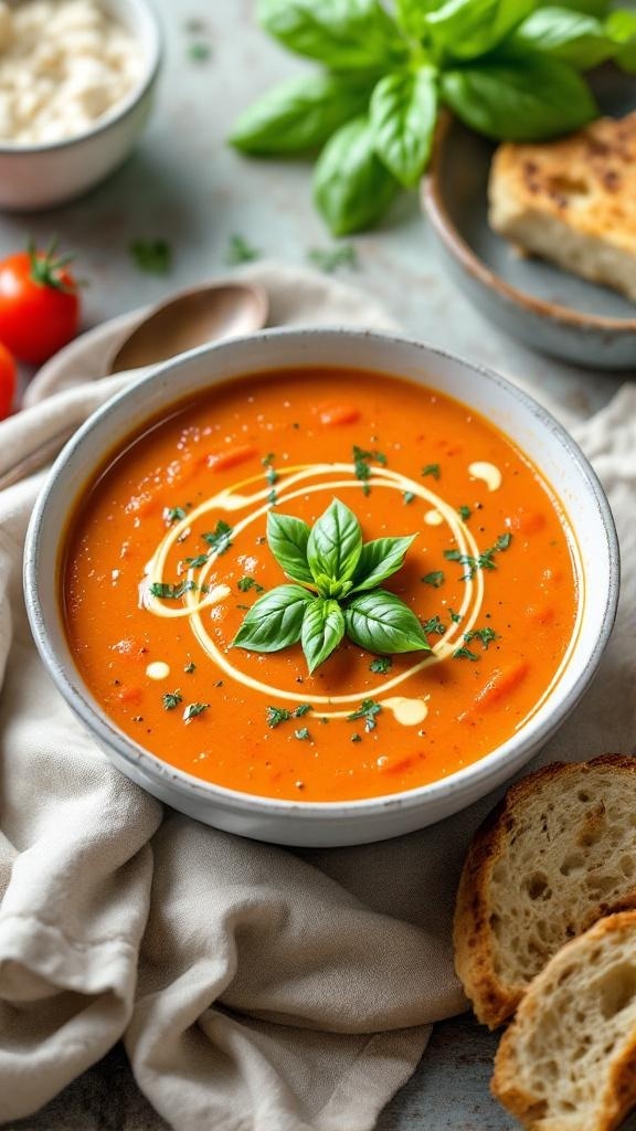 A bowl of creamy tomato basil soup garnished with fresh basil leaves, served with slices of bread.