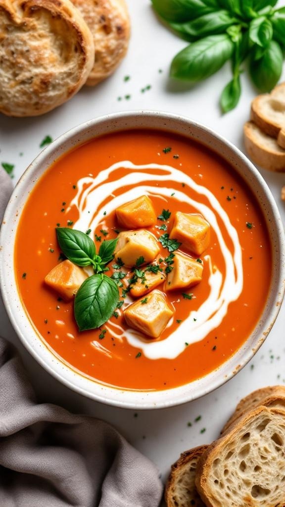 A bowl of creamy tomato chicken soup garnished with basil, surrounded by slices of bread.