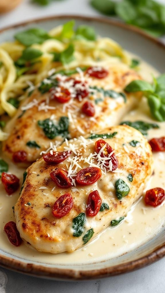 Creamy Tuscan Garlic Chicken served with spinach and sun-dried tomatoes