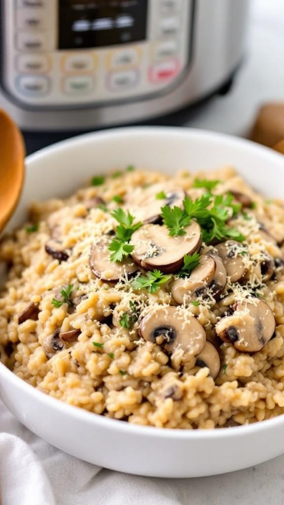 A bowl of creamy vegan mushroom risotto topped with sliced mushrooms and herbs, with an Instant Pot in the background.