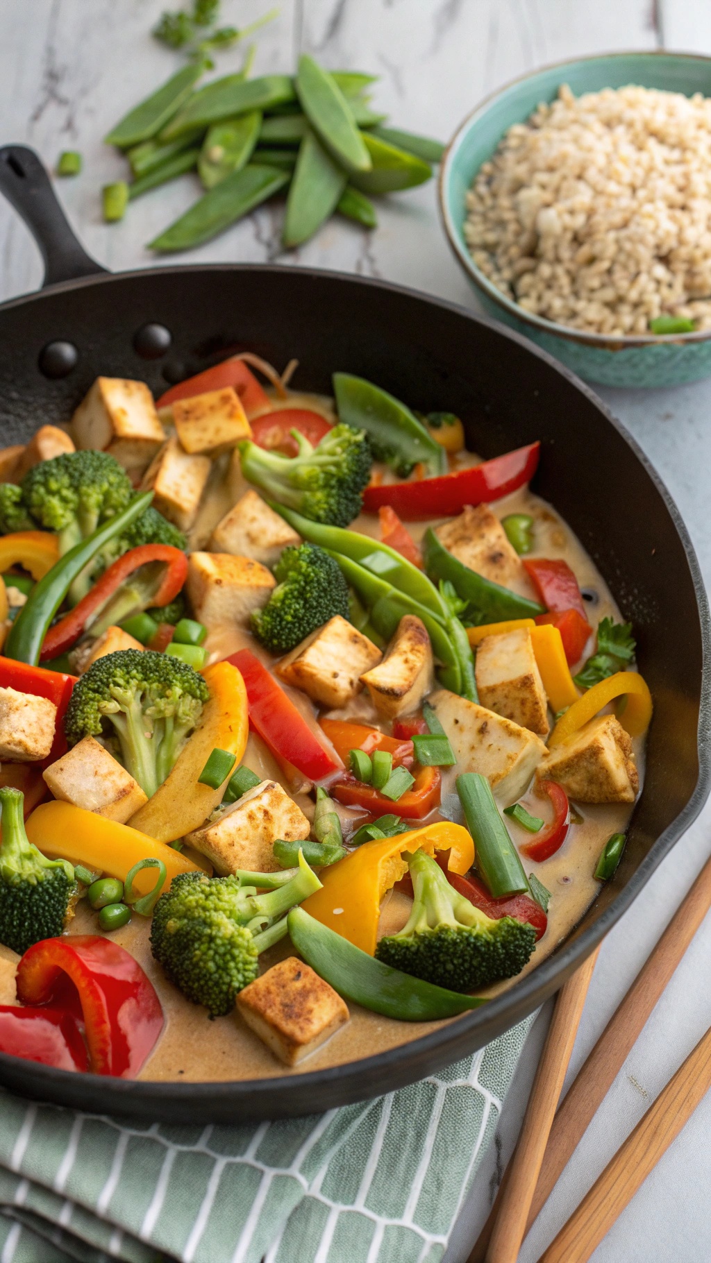 A colorful creamy vegan tofu stir-fry with broccoli, bell peppers, and snap peas in a skillet.