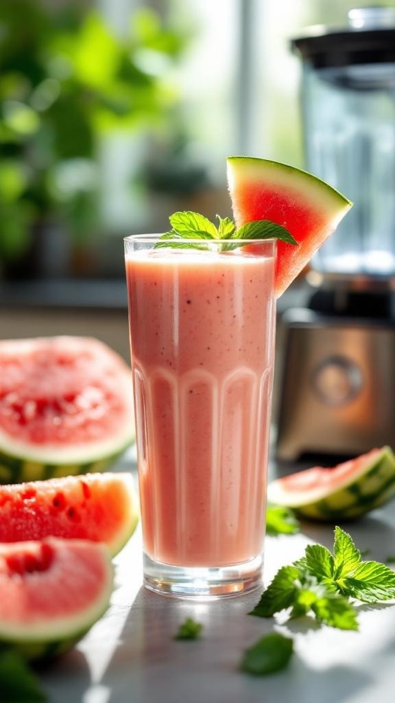 A refreshing creamy watermelon smoothie in a tall glass, garnished with mint leaves and a slice of watermelon, with fresh watermelon pieces in the background.