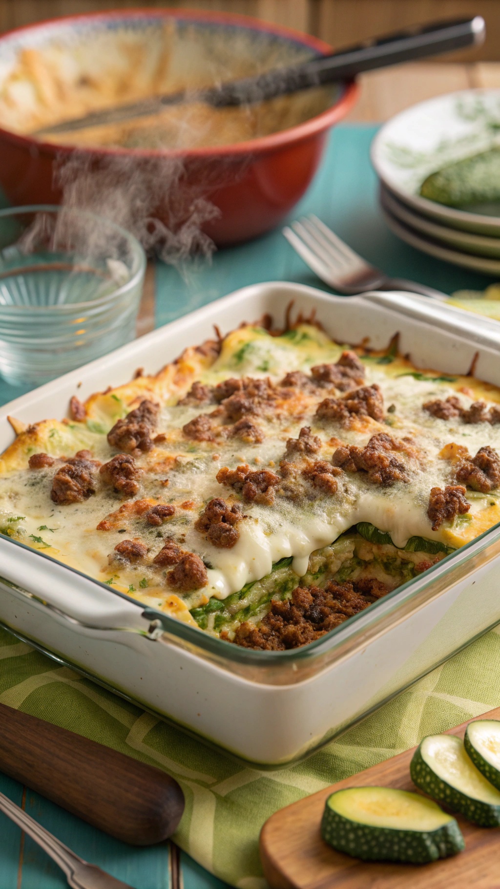 Creamy zucchini and ground beef casserole in a baking dish, topped with melted cheese.