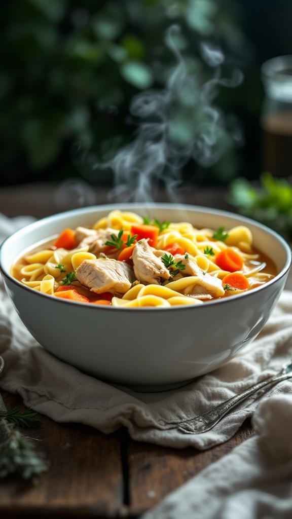 A cozy bowl of chicken noodle soup with noodles, chicken, and vegetables, steaming in a bowl.