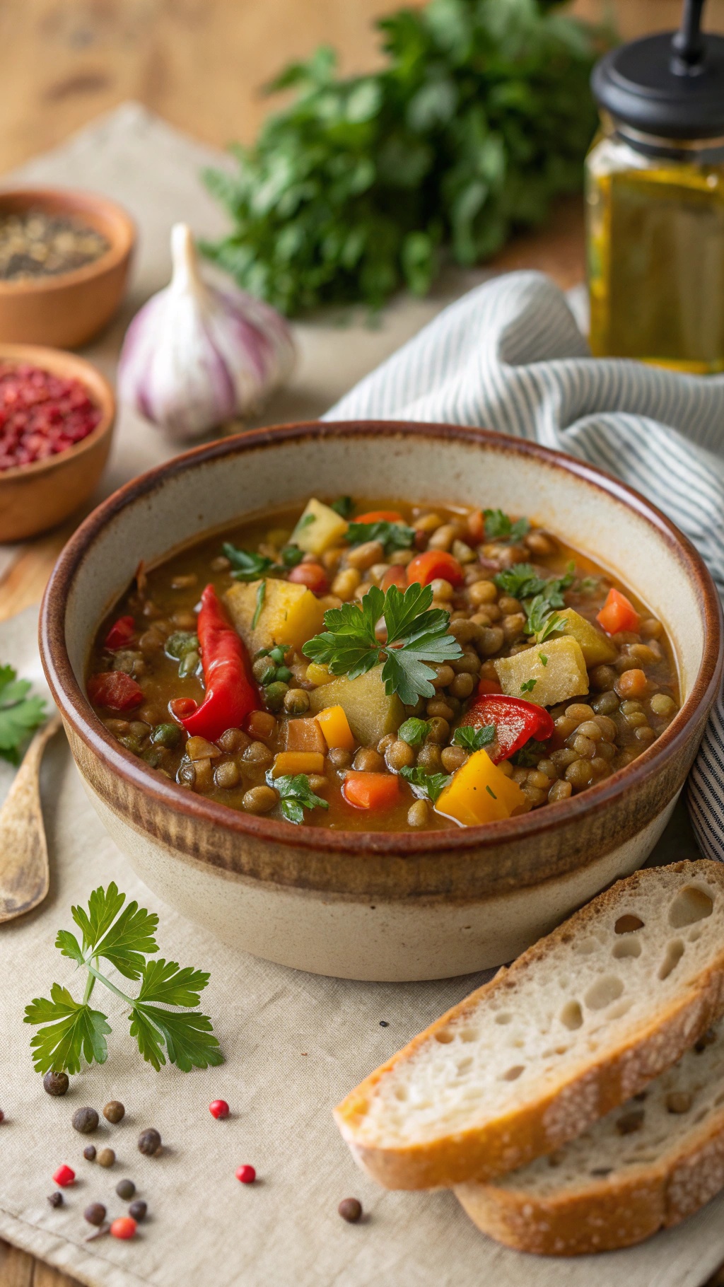 A bowl of hearty Mediterranean lentil stew with colorful vegetables and fresh herbs.
